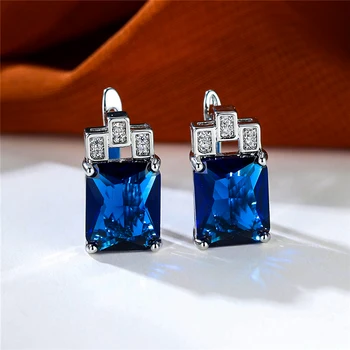Luxury Female Blue Zircon Stone Clip Earrings Charm Silver Color Wedding Jewelry For Women