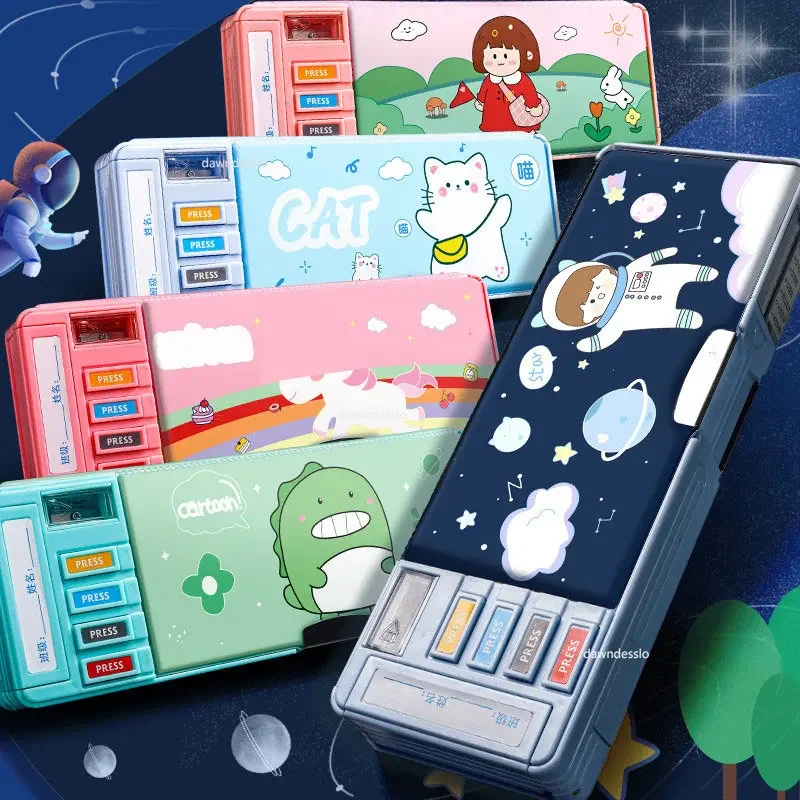 Pencil Cases Kawaii Stationery Multifunction Pen Box Astronaut Cat Dinosaur Double Layer