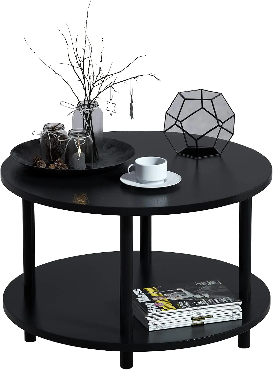 Small Round Coffee Table with Open Storage for Small Space, 23.5" Black 2-Tier Wooden Center Table for Living Room 2