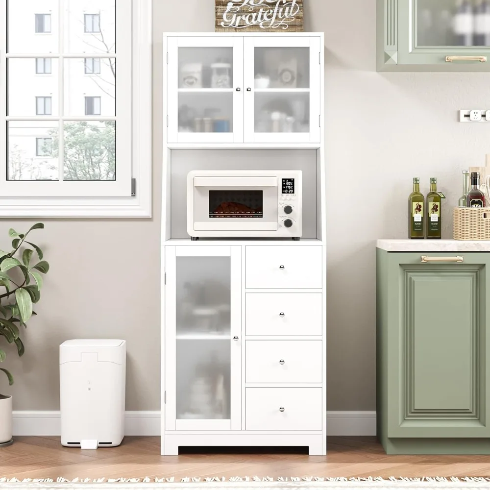 64'' kitchen pantry storage cabinet, tall kitchen storage cabinet with microwave stand, hutch cabinet with adjustable shelves, f