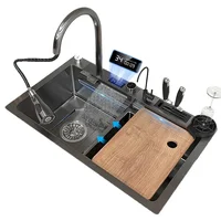 Left Drainage Kitchen Sink Single Bowl Kitchen Sinks Flying Rain Digital Display Waterfall Sink with Pull Down Sprayhead Faucet 1