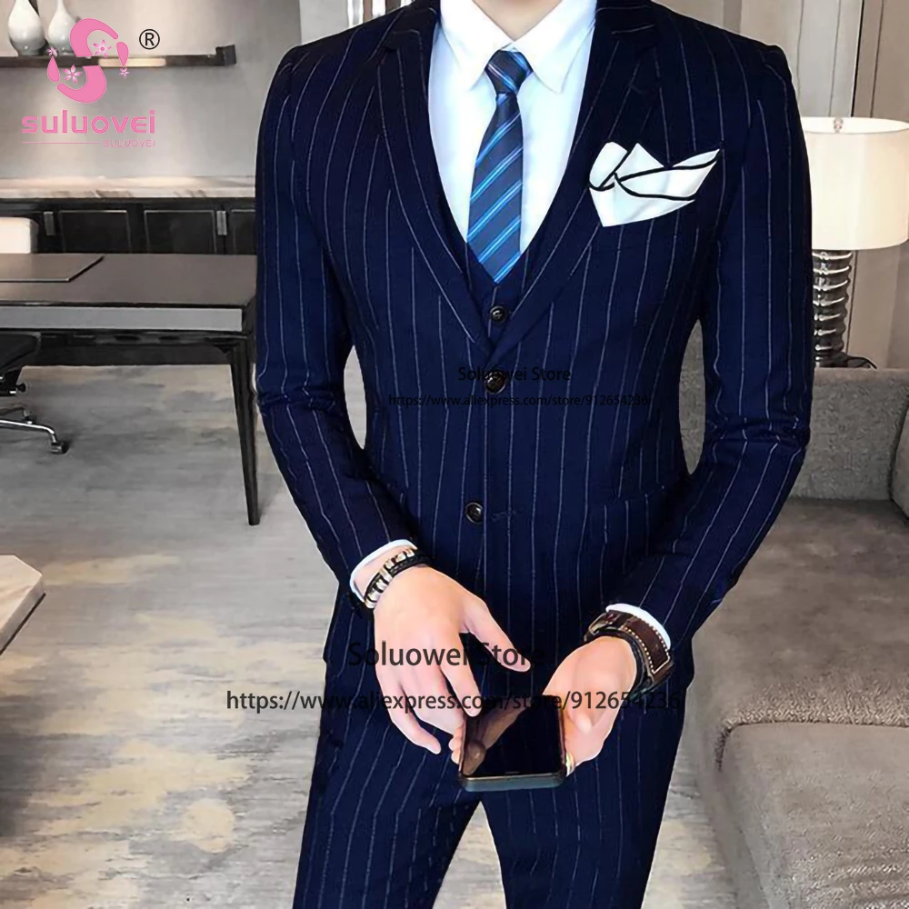 Fashion Wedding Striped Suits For Men Slim Fit 3 Piece Pants Set Formal Groom Dinner Prom Tuxedo Blazer Terno Masculino Completo