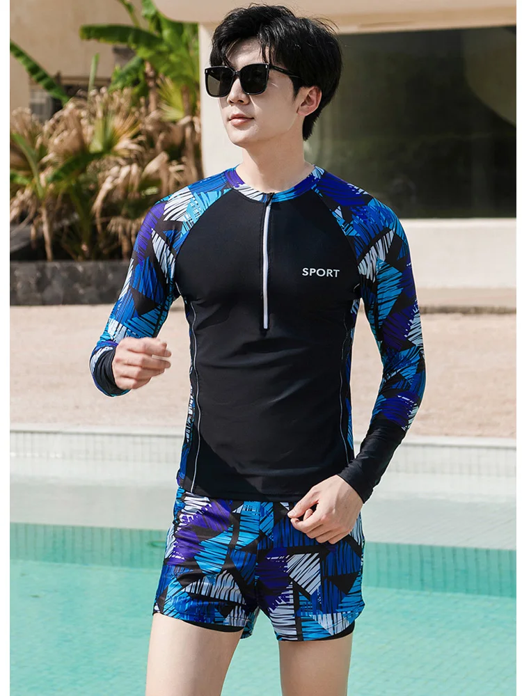 Men's 2pcs/set Long Sleeve Rash Guard Sun UV Protect Fishing Running Swim Shirts+Trunks Lightweight Quick Dry Swimsuit Beachwear