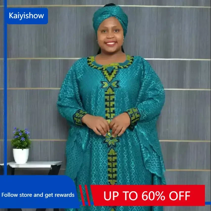 

2023 African Dresses for Women Muslim Lace Boubou Dashiki Traditional Africa Clothes Ankara Outfits Evening Gown With Headtie
