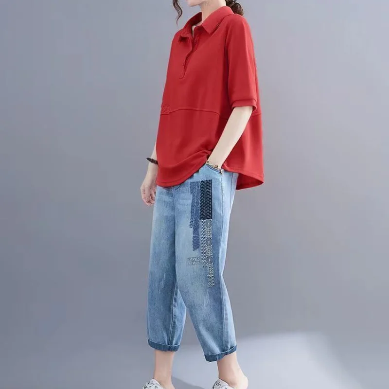 2024 Summer New Fashion Women's Clothing Commuter Versatile Simplicity Solid Color POLO Neck Short Sleeve Casual Pullover Shirt