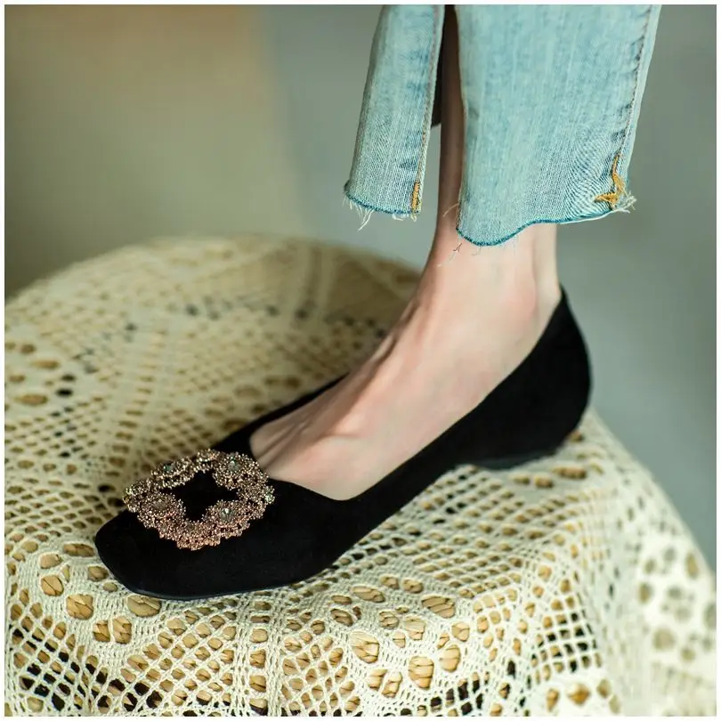 Flats Shoes Women's Spring Autumn 2022 New Casual Black French Square Toe Flats Rhinestone Loafers Ladies Shoe Plus Size 34-43 6