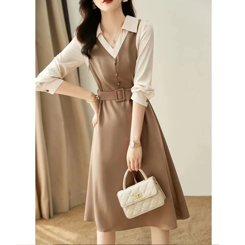 

Spring Autumn New Fashion Long Sleeve Contrast Color Midi Dress Women High Street Casual Elegant Belt Button All-match Vestidos