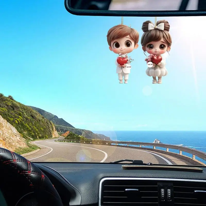 2pcs Cute Cartoon Acrylic Couples Car Decoration Accessories Romantic Figurines 2D Flat Marriage Keepsake Keychain Pendant 4