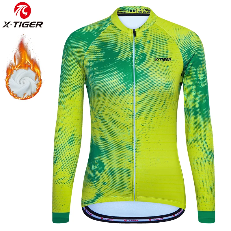 thumbnail image 1 of X-TIGER Maillot de ciclismo para mujer, camiseta térmica de invierno de manga larga para ciclismo con 4 bolsillos traseros, ropa de ciclismo de polar, 1 of 5