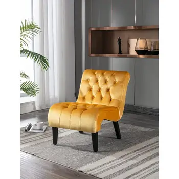 Modern Velvet Armless Accent Chair, Upholstered Fabric Button Design, Comfortable Wooden Leg Chair for Living Room, Bedroom, 1