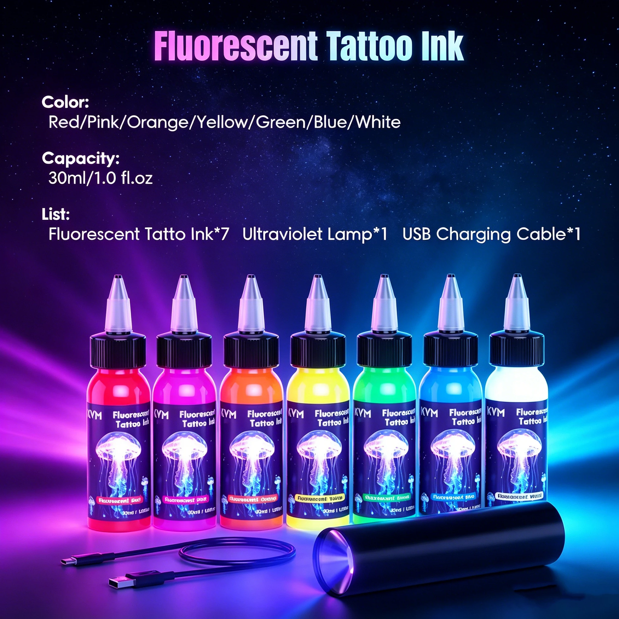 Set di Inchiostri Fluorescenti per Tatuaggi a 7 Colori da 30ml con Luce UV, Pigmento Professionale Reattivo ai Raggi UV per Tatuaggi Luminosi con Luce Nera - immagine 2