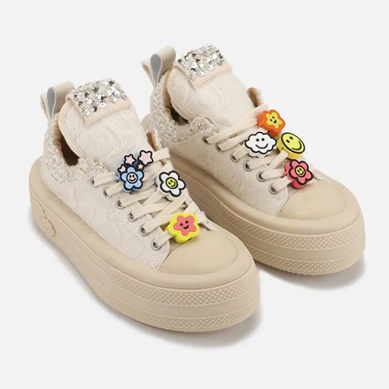 

New Thick Bottom Platform Canvas Shoes Heightening Flower Casual Board Shoes Designer Ladies Lace Up Sport Shoes