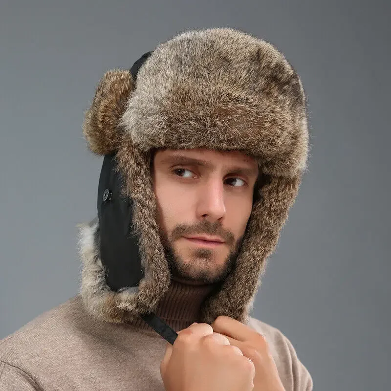 Plush Men's Winter Trapper Aviator Trooper Earflap Warm Windproof Ski Hat Bomber Cap Russian Thicken Ear Protecter Thermal Hats