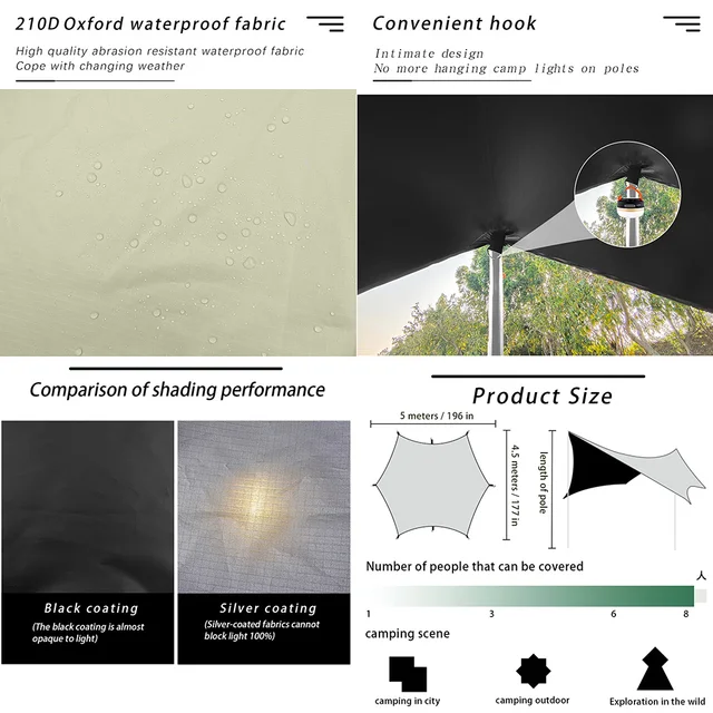 5X4,5 M Nagy Fekete Bevonó Ponyvás Vízálló Hatszögletű Napellenző Kemping Kültéri Árnyék Ponyva Sátor Menedék Napzólap Flysheet - Image 5