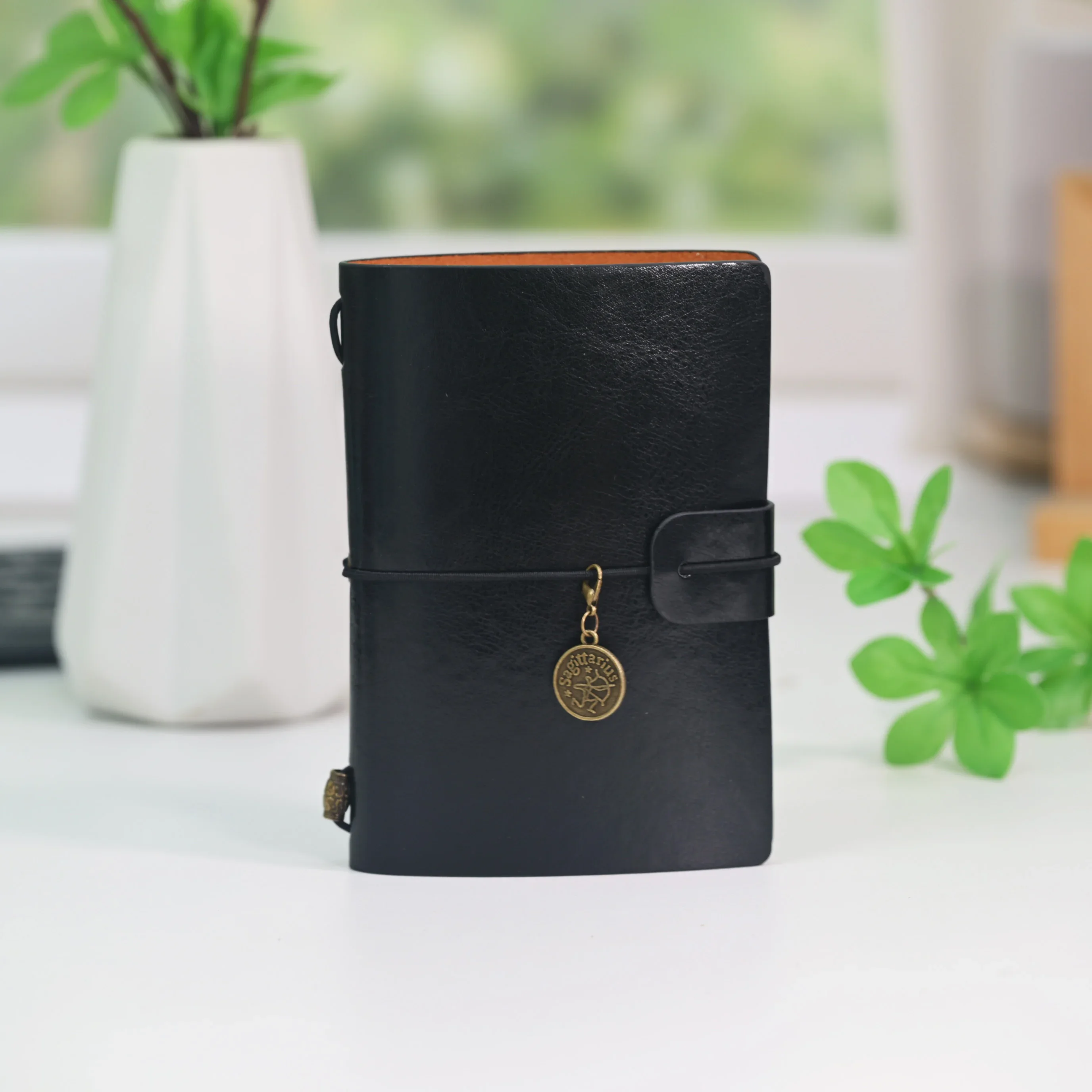 Compact PU Leather Refillable Travelers Notebook with Round Charm - Gift Pocket Diary