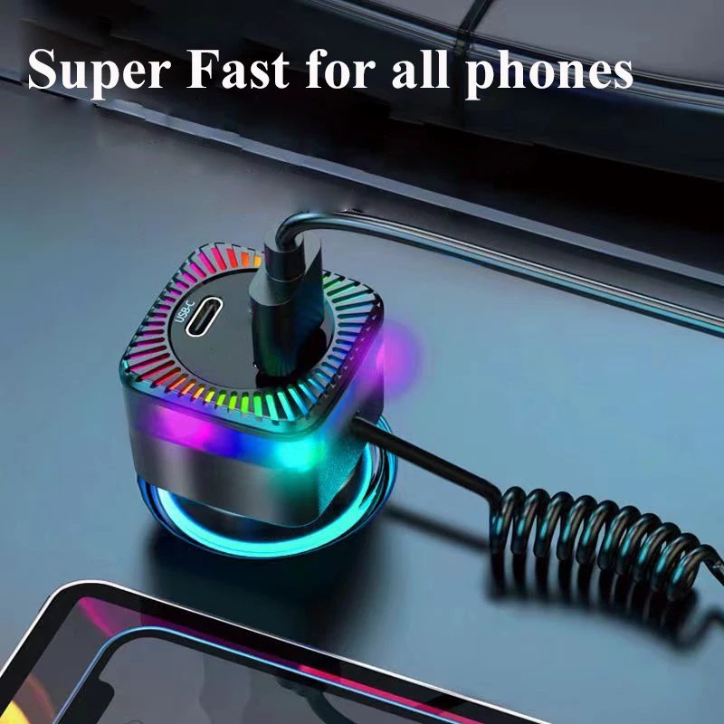 용수철 케이블이 달린 USB C 차량용 충전기 어댑터, 다채로운 빛 PD 30W, 3 in 1, 맥북 삼성 아이폰용 초고속 충전, 280W
