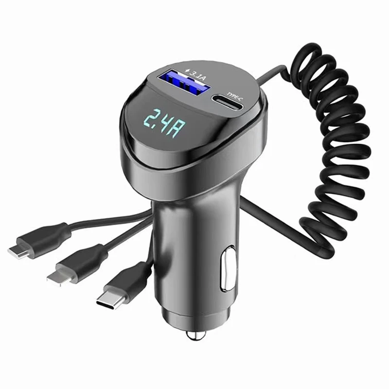 2 포트 USB 고속 차량용 전화 충전기, 3.1A 전압 표시, 3in 1 USB 개폐식 충전 케이블, 트럭 자동차