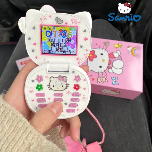 2023 New Kawaii Sanrio Hello Kitty Flip Phone Cartoon Cute Children White  Pink Mini Phone Birthday