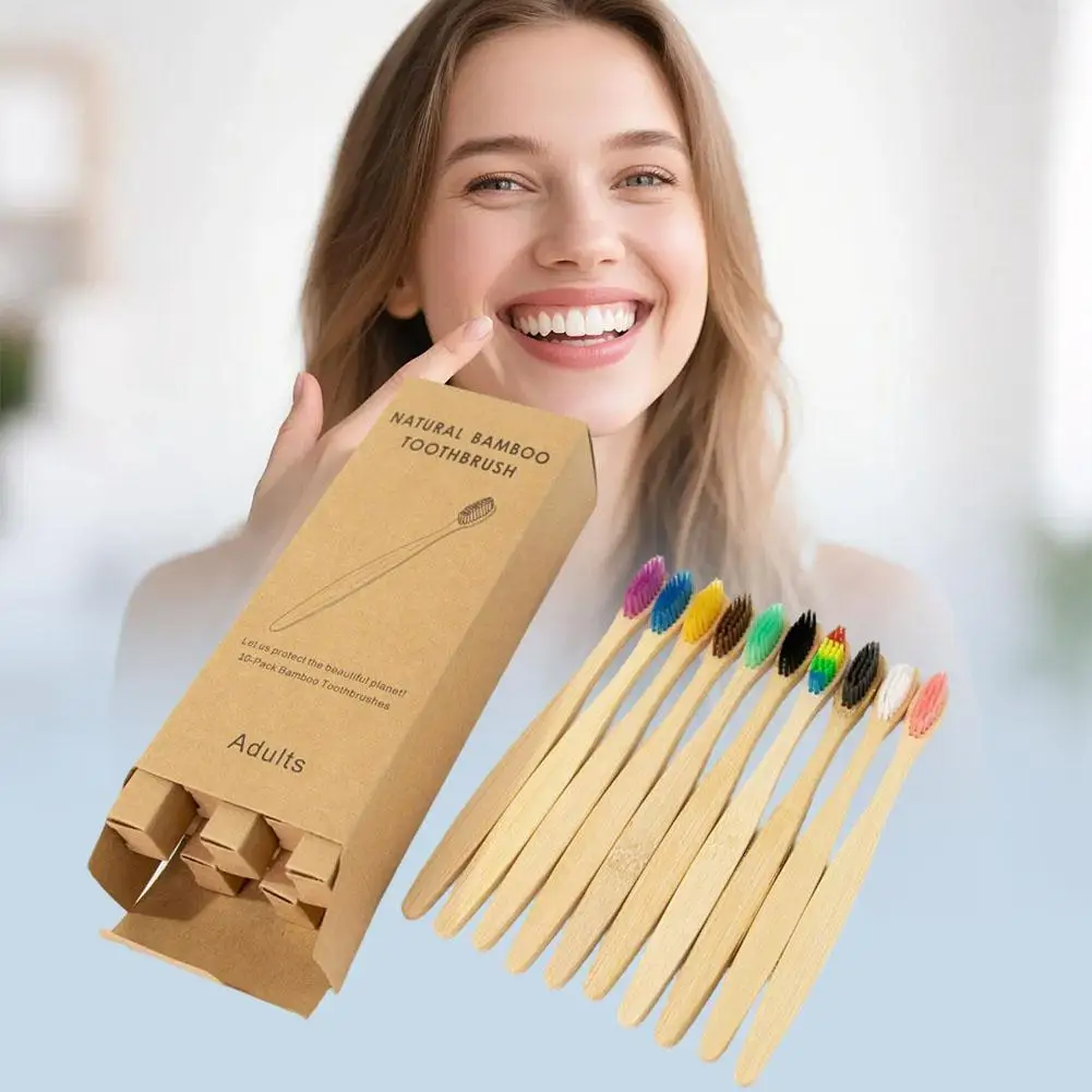 10개/팩 단일 소가죽 포장 대나무 칫솔 세트 여성 남성을 위한 천연 및 환경 친화적인 대나무 칫솔