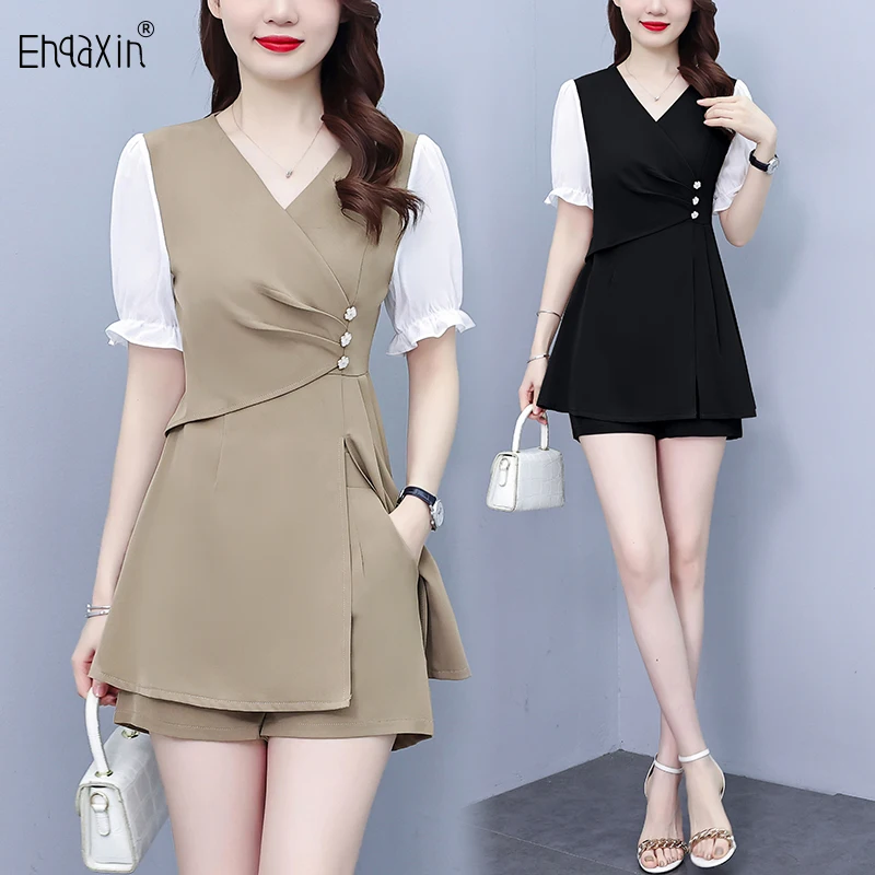 EHQAXIN Fashion Women's Set 2023 Summer Chiffon New Korean V-Neck Split Casual Shirts+Loose Casual Shorts Sets Ladies M-5XL