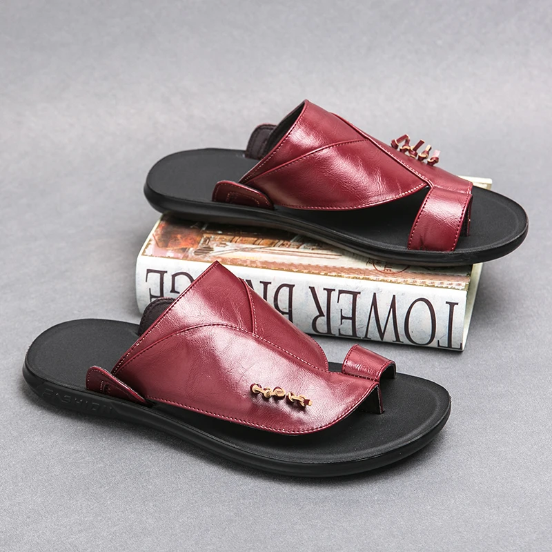 

Men One-sided Slippers PU Flat Bottomed Flip Toe Casual Beach Shoes Comfortable and Breathable Daily Men Sandals
