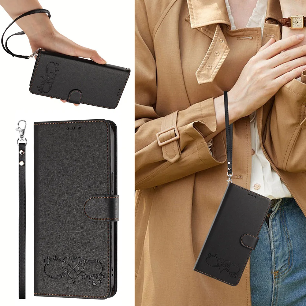 Leather Flip Wallet Phone Case with Card Holder and Strap