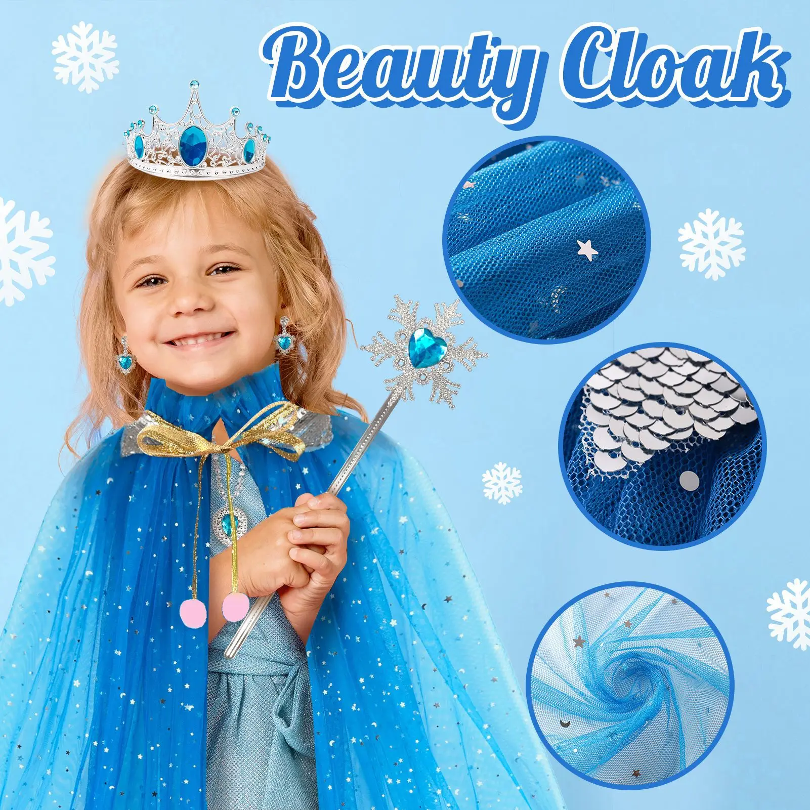 Princess Cape Set 7PCS Girls Princess Cloak with Tiara Crown, Wand for Little Girls Dress up Toy,Helloween,birthday,Xmax gift