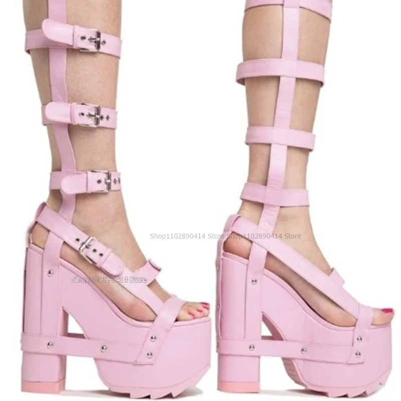 

Square Buckle Decor Platform Sandals Boots Hollow Twined Women Shoes Ankle Buckle Strap Chunky Heels Open Toe Zapatillas Mujer