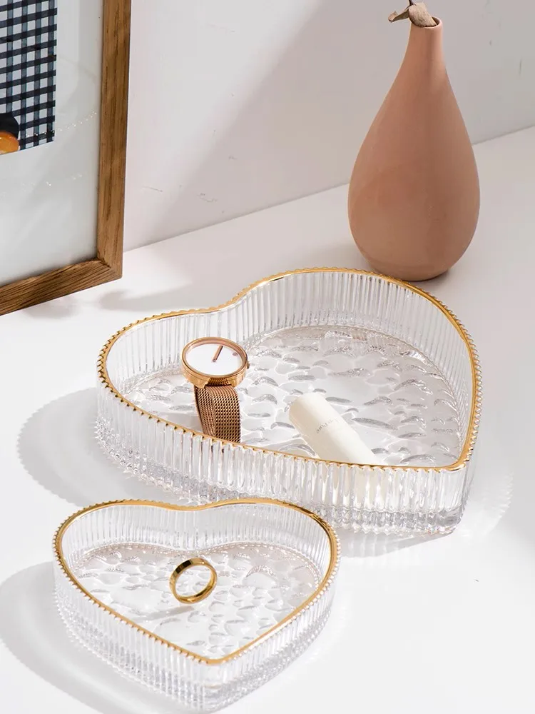 European Heart Clear Glass Tray With Gold Rim Small Large Set Of Two For Home Tabletop Jewelry Comestic Candle Watch Key Storage 2