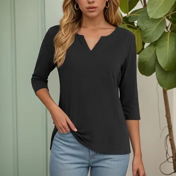 Spring Work Tops 2025 Womens V Neck 3/4 Sleeve Tee Shirts Solid Color Casual Basic Top Summer Loose Fit Pullover Cotton Shirt 1