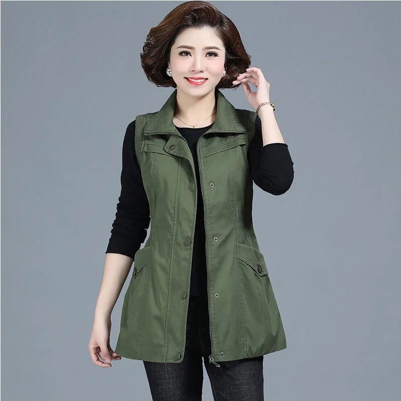 Korean Middle Aged And Elderly Women Vests Spring Autumn Mother's Clothing Pure Cotton Vest Female Cardigan Slimming Waistcoat
