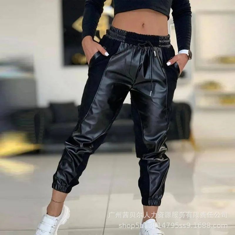 

Контрастные штаны из искусственной кожи на завязках с манжетами, осень 2023, женские длинные брюки-карандаши Капри с высокой талией, повседневные Черные Брюки с карманами