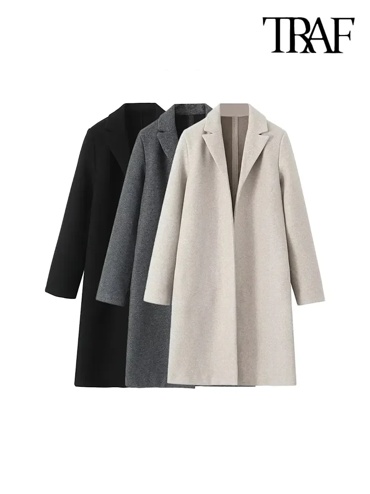 TRAF Women Fashion Side Pockets Texture Woolen Open Coat Vintage Lapel Collar Long Sleeves Female Outerwear Chic Overcoat