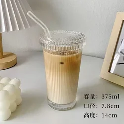 Elegant 375ml Japanese Style Stripe Glass Cup with Lid and Straw - Transparent (375ML Straw A lid)