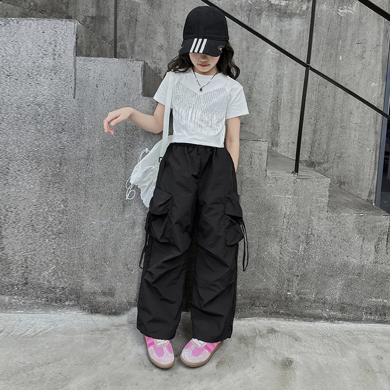 Hip Hop Girls clothes set Hot drill T-shirt+cargo pants 2pcs girl