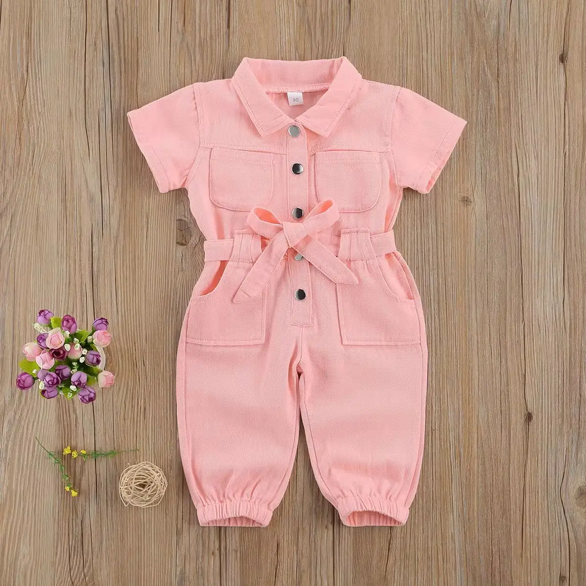 0-6Years Baby Girls Denim Jumpsuit Overalls Kids Clothes Toddler Short Sleeve Lapel Pocket Long Pant Romper