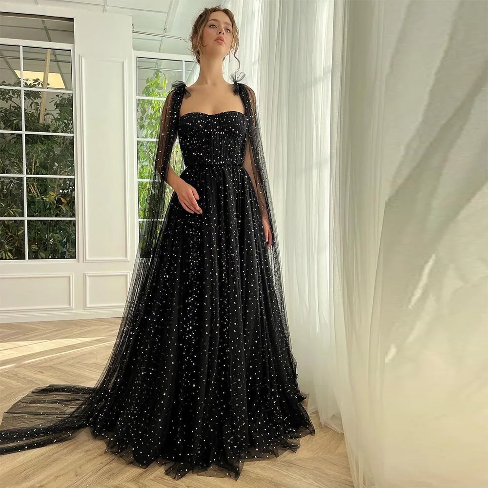 

Sevintage Elegant Balck Starry Tulle Prom Dresses with Cape Sweetheart Saudi Arabic Women A-Line Formal Evening Party Gowns 2023