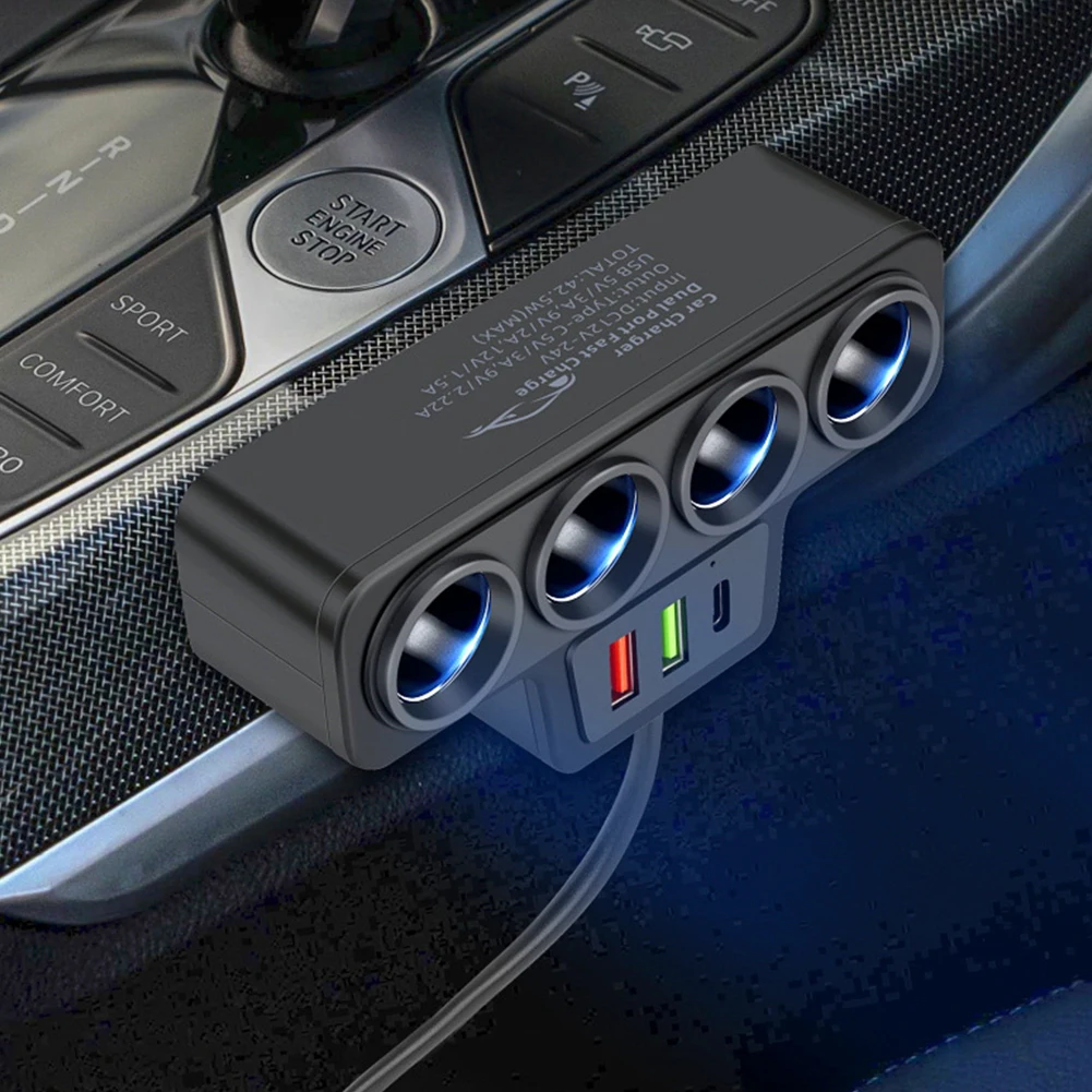 Car Cigarette Lighter Splitter with 4 Outlets and 3 USB Ports
