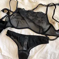 Ensemble de Lingerie Sexy en dentelle brodée de fleurs pour femmes, soutien-gorge français Ultra-fin en maille transparente, décoration détachable, sous-vêtements en chaîne 6