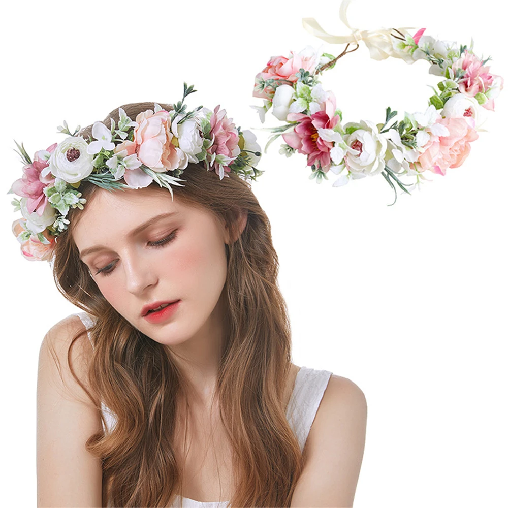 

Spring Women Flower Crowns Wedding Boho Headpiece Headband Wedding Party Hair Wreath Headdress Beach Hair Accessories Garland