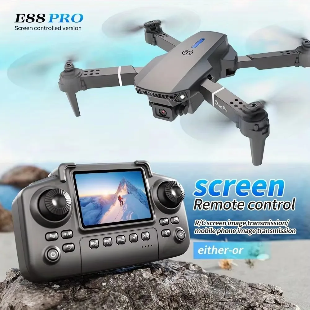 Mini drone selfie poche 8K double caméra gris en vol, avec une personne souriante en arrière-plan. Acheter Mini Drone Selfie Poche 8K Double Caméra - Noir ou Gris.