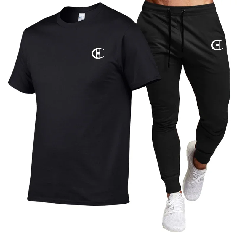 

Men's summer clothing Fashion comfortable men's suit pure cotton T-shirt short-sleeved top + black casual sweatpants 2-piece set