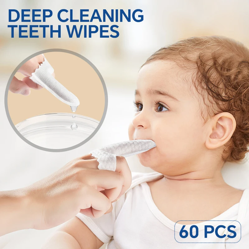 Baby Teeth Cleaning Tool 60 pcs Deep Cleaning Teeth Wipes set Baby Finger Brush For Boys Girl Health Cleaning Oral Hygiene Care Tool