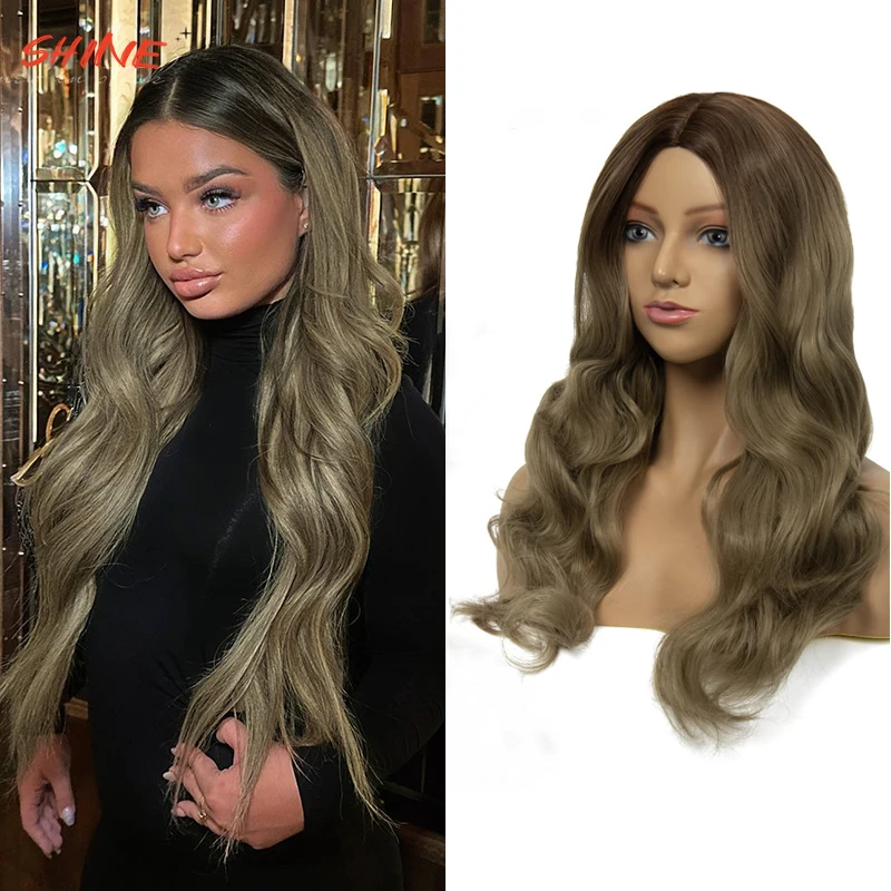 SHINE Ombre Brown Wig Full Machine Made Synthetic Body Wave Wig Heat Temperature Fiber Wig 30 Inch None Lace Wig Colored Hair shine ombre brown wig full machine made synthetic body wave wig heat temperature fiber wig 30 inch none lace wig colored hair