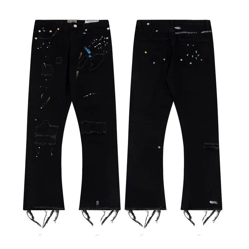 Loose Casual Men's Jeans Graffiti Spray Paint Micro Flare Street Style Patchwork Long Trousers Hip Hop Fashion 4