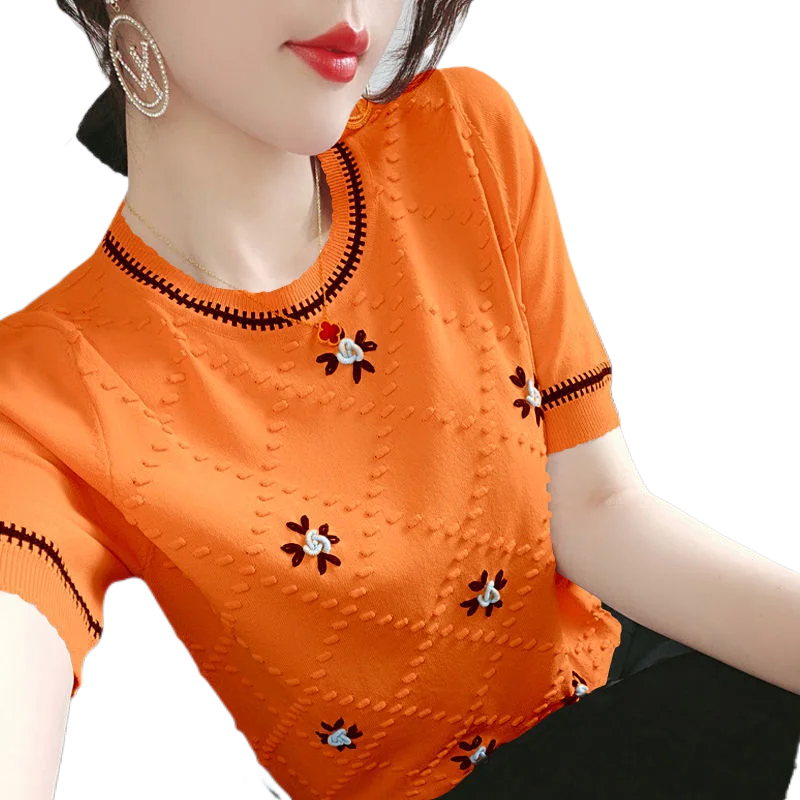 

Embroidered Knitted Short-sleeved Women's oversized T-shirt Summer New Large Size Base Shirt Student Korean Tops