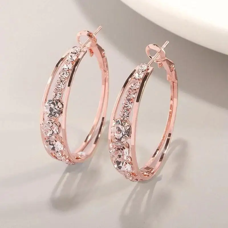 1Pair Hot Sale Round Crystal Pendant Ring Eardrop Geometric Rhinestone Inlaid Earrings Fashionable Jewelry Accessories For Women