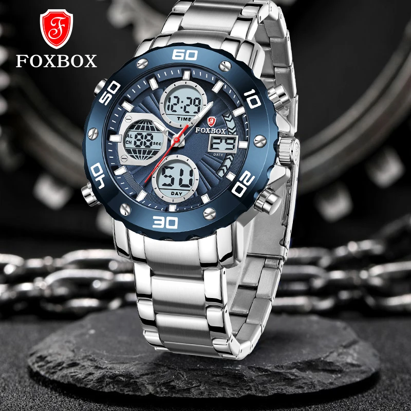 FOXBOX New Top Brand Men Watches Dual Display Stainless Steel 30M Waterproof Sports Digital Fashion Relogio Masculino 2024