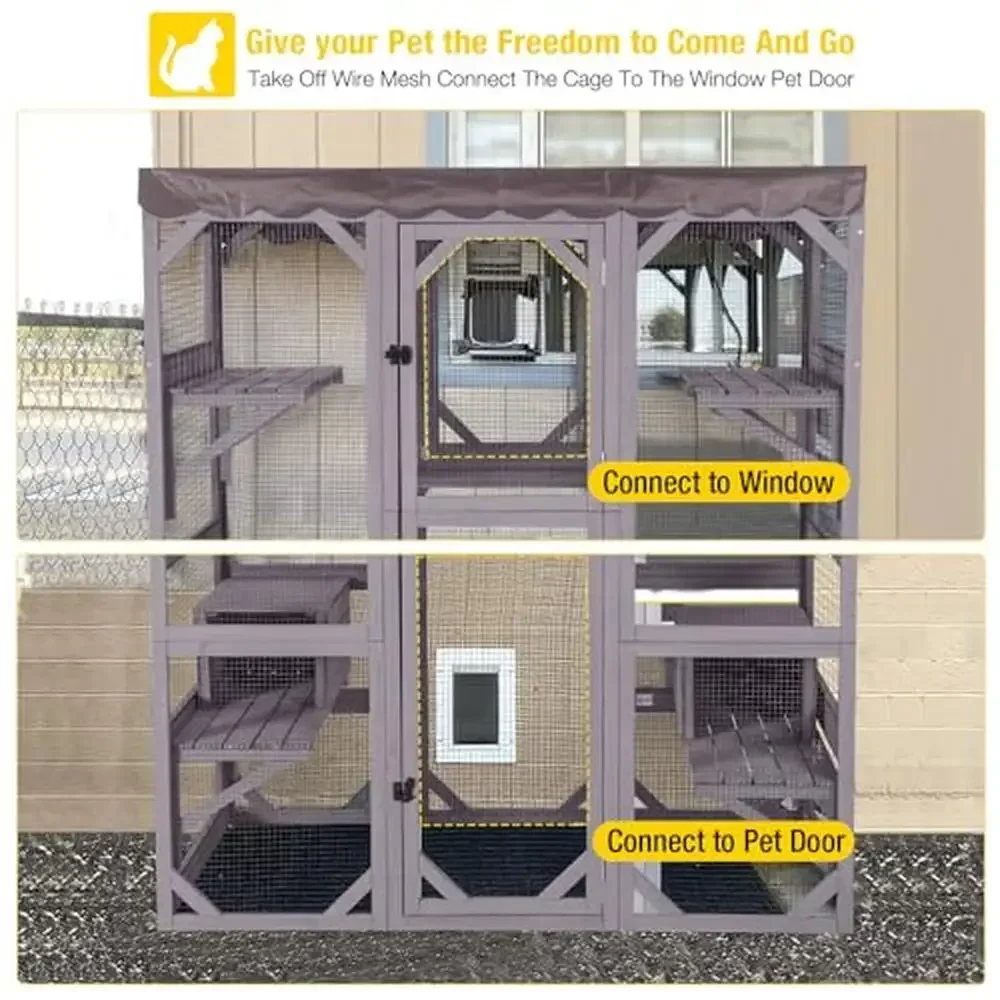 Large Walk-in Cat Cage With 7 Platforms And 2 Sleeping Houses Window Access Waterproof Tarp Roof Compatible With Cat Tunnel