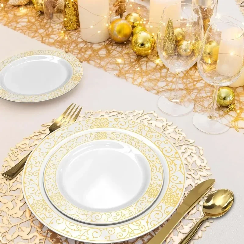 150 Pieces Disposable Plates Plastic Dinnerware Set for 25 Guests: Dinner Plates, Dessert Plates, Forks, Spoons, Knives, Cups
